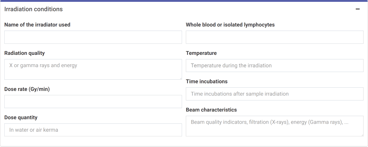 'Irradiation conditions' box in the dose-effect fitting module