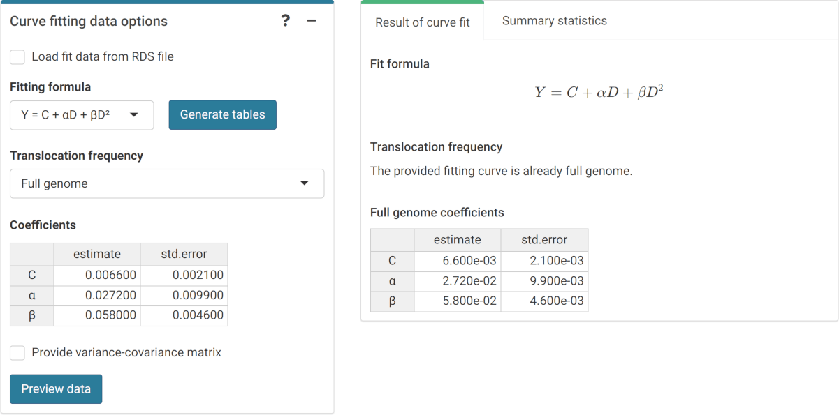 'Curve fitting data options' box and 'Results' tabbed box in the dose estimation module when inputting curve coefficients manually. Note that if no variance-covariance matrix is provided, only the variances calculated from the coefficients' standard errors will be used in calculations.