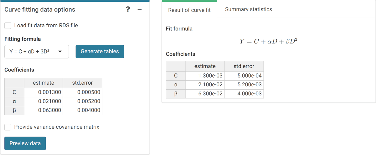 'Curve fitting data options' box and 'Results' tabbed box in the dose estimation module when inputting curve coefficients manually. Note that if no variance-covariance matrix is provided, only the variances calculated from the coefficients' standard errors will be used in calculations.