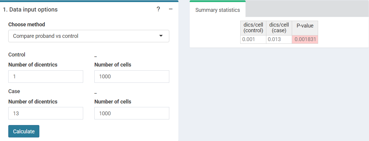 'Data input options' in the characteristic limits module - Compare proband vs control method.