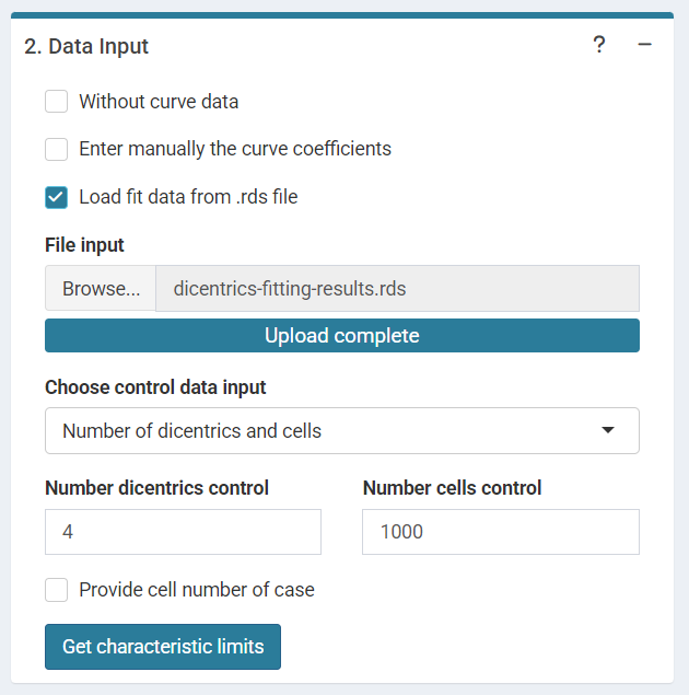 'Data input options' in the characteristic limits module - Characteristic limits - Loaded data .rds option.