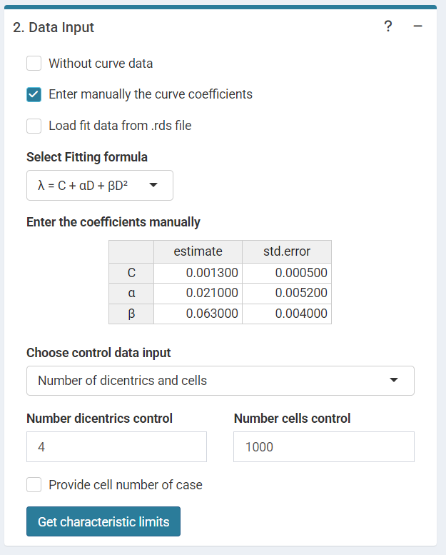 'Data input options' in the characteristic limits module - Characteristic limits - Manually entered curve data option.
