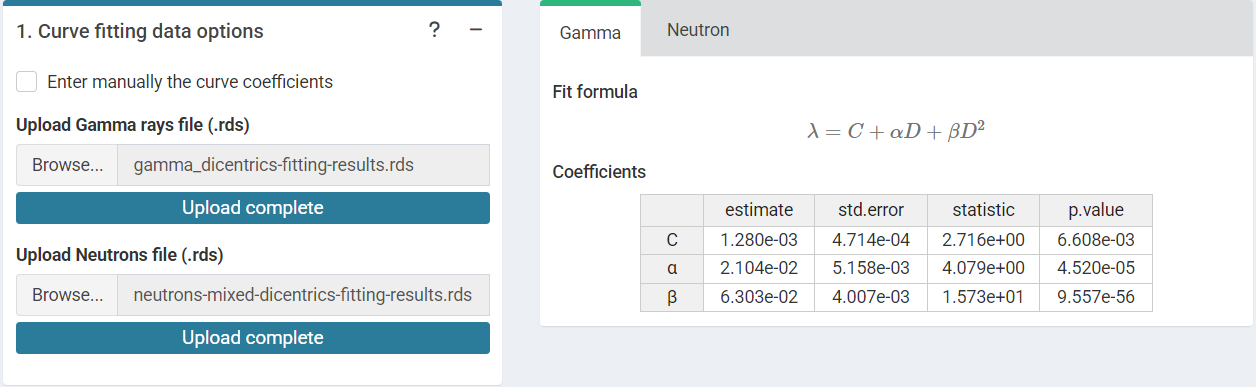 'Curve fitting data options' and '.rds input curves' tabbed box in the dose estimation module for criticality accidents when loading curve from an `.rds` file.