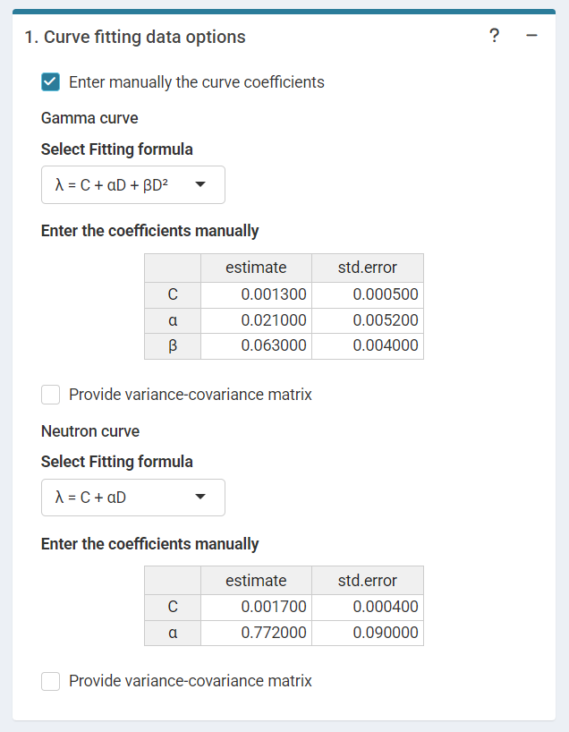 'Curve fitting data options' in the dose estimation module for criticality accidents when inputting curve coefficients manually. Note that if no variance-covariance matrix is provided, only the variances calculated from the coefficients' standard errors will be used in calculations.