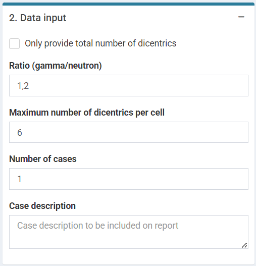 'Data input' box in the dose estimation module for criticality accidents.