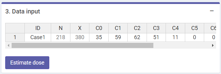 'Data input' box in the dose estimation module for criticality accidents.