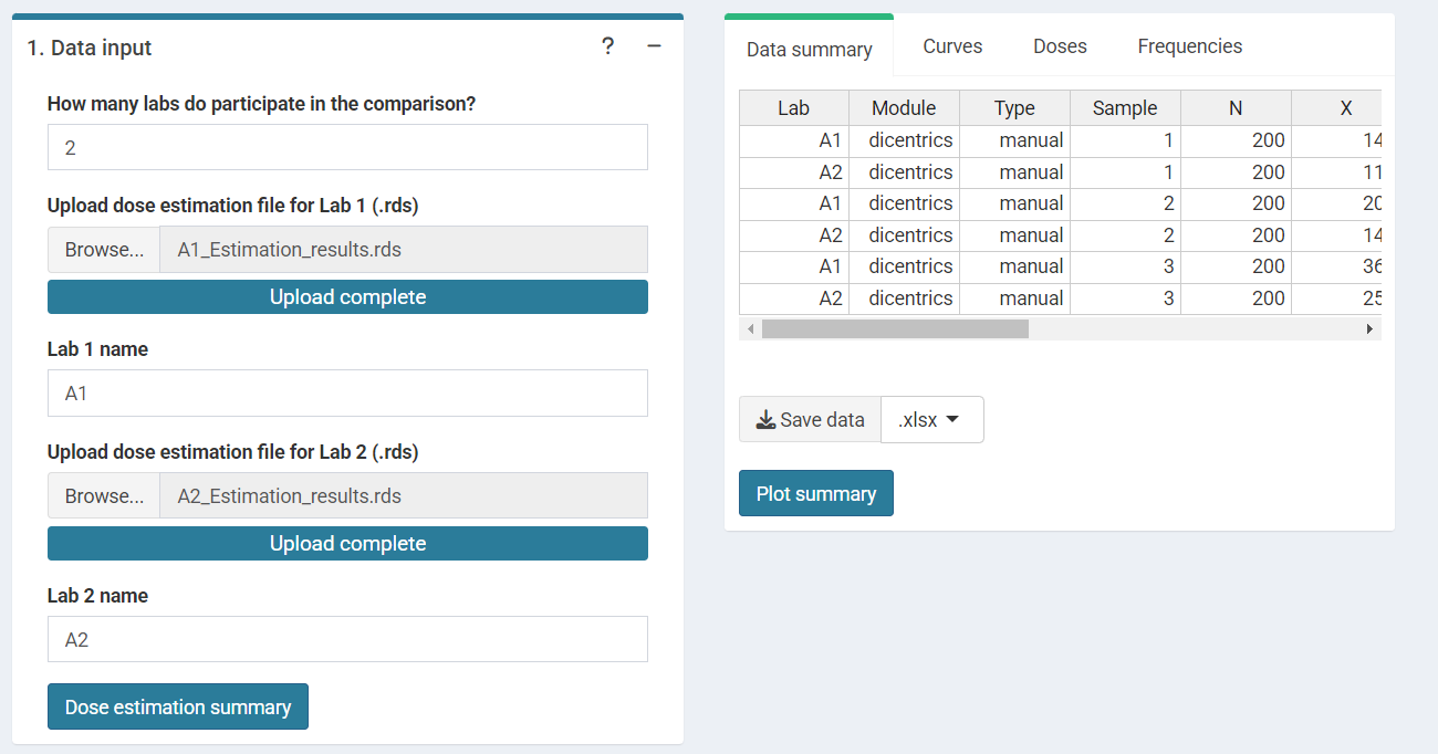 'Data Input' box and 'Results' tabbed box in the interlaboratory comparison module when loading curves from an `.rds` file for two laboratories.