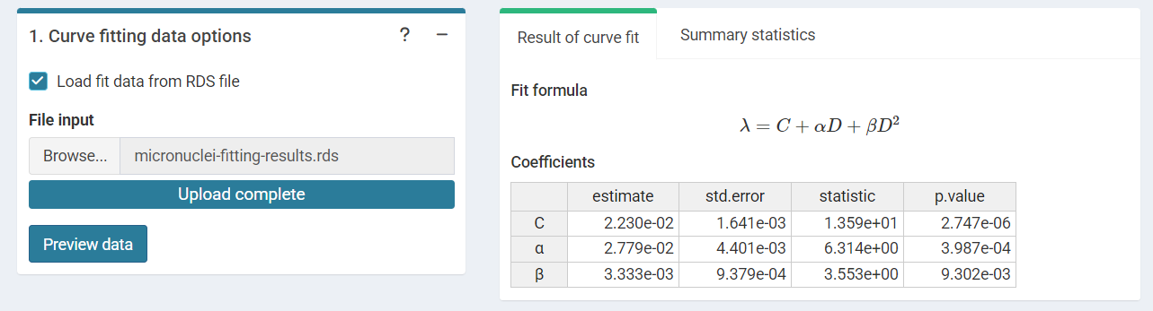 'Curve fitting data options' box and 'Results' tabbed box in the dose estimation module when loading curve from an `.rds` file.