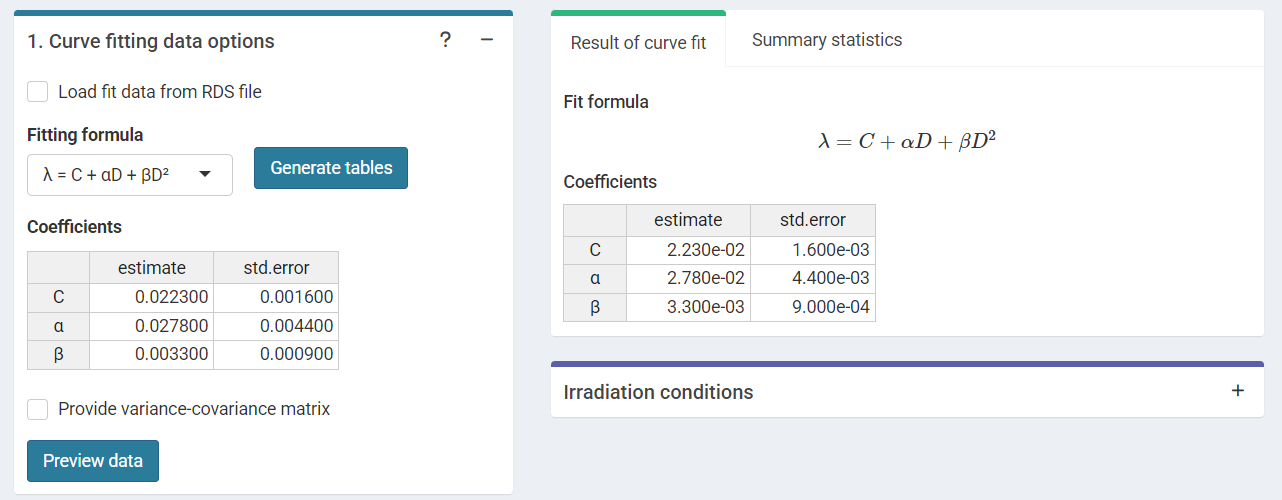 'Curve fitting data options' box and 'Results' tabbed box in the dose estimation module when inputting curve coefficients manually. Note that if no variance-covariance matrix is provided, only the variances calculated from the coefficients' standard errors will be used in calculations.