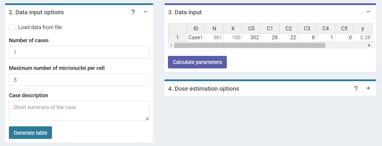 'Data input options' and 'Data input' boxes in the dose estimation module.
