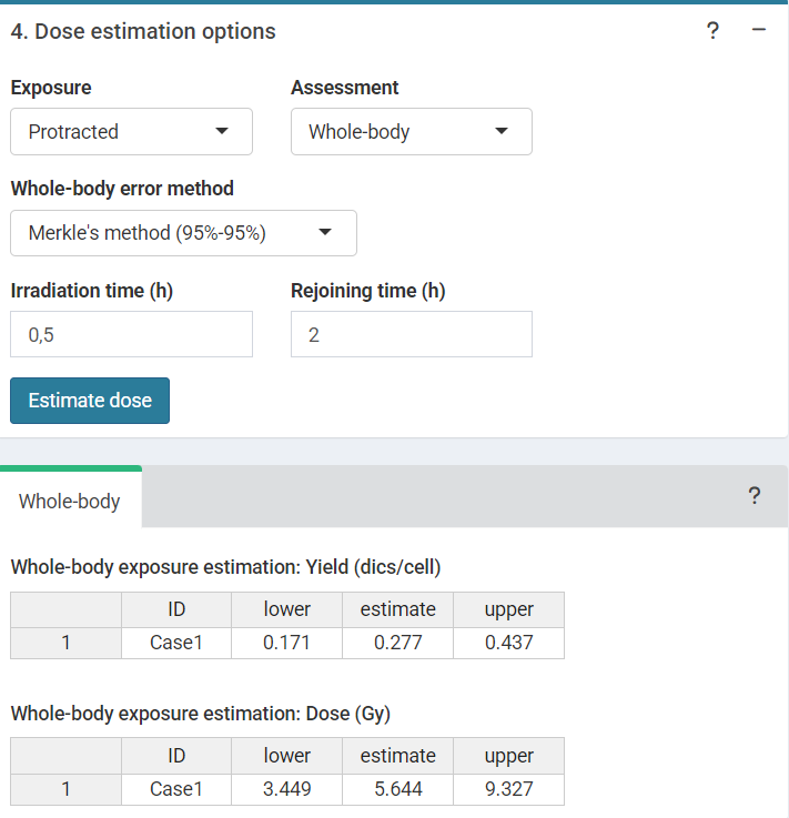 'Dose estimation options' box in the dose estimation module.