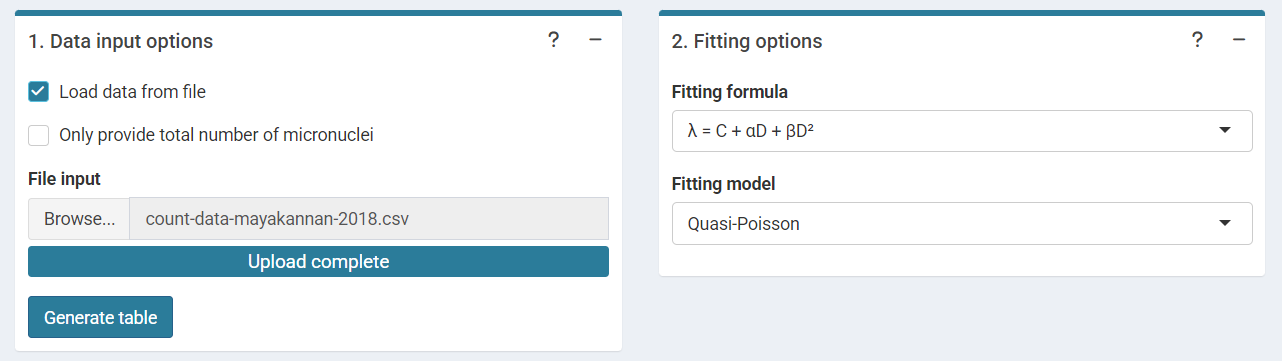 'Data input options' and 'Fitting options' boxes in the dose-effect fitting module