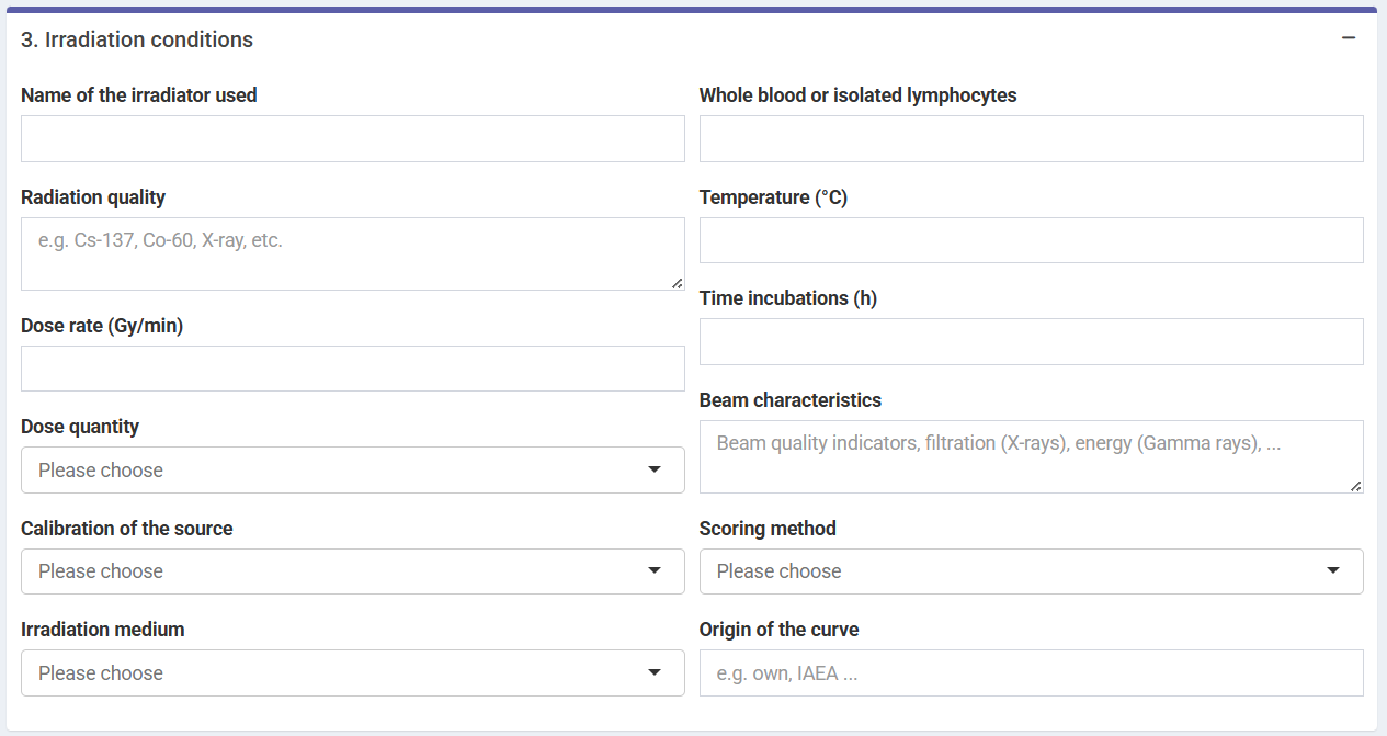'Irradiation conditions' box in the dose-effect fitting module