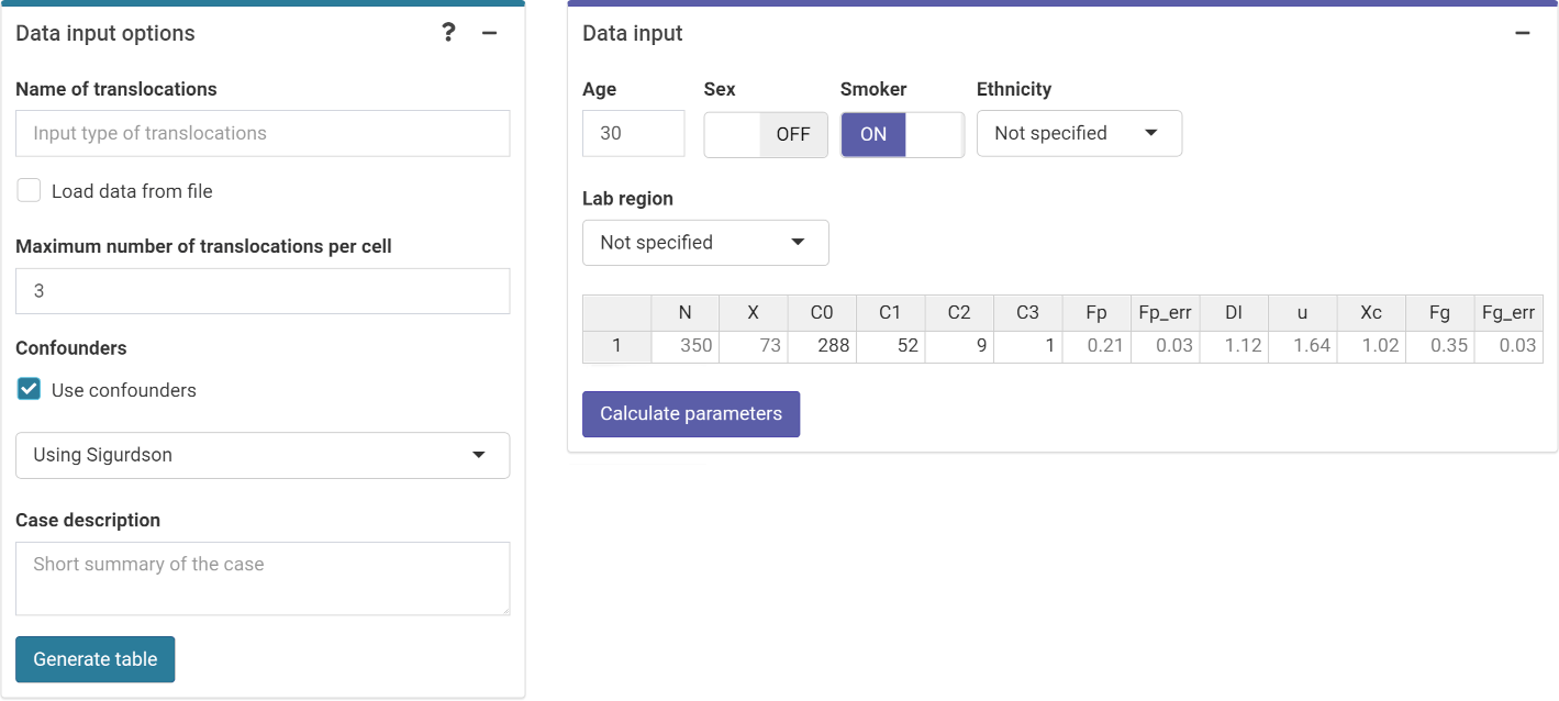 'Data input options' and 'Data input' boxes in the dose estimation module.