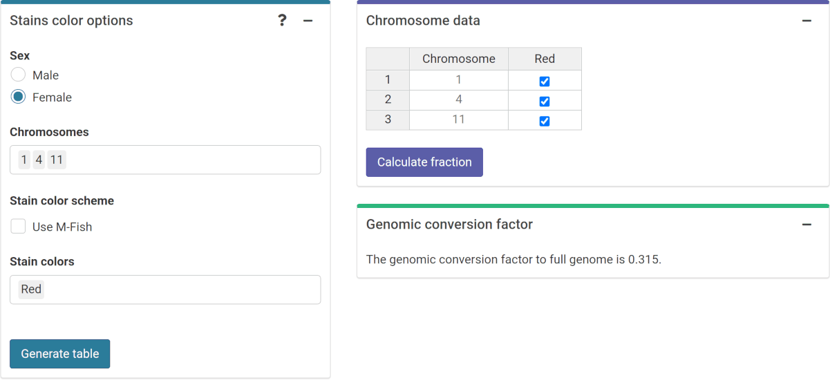 'Stains color options', 'Chromosome data' and 'Genomic conversion factor' boxes in the dose-effect fitting module.