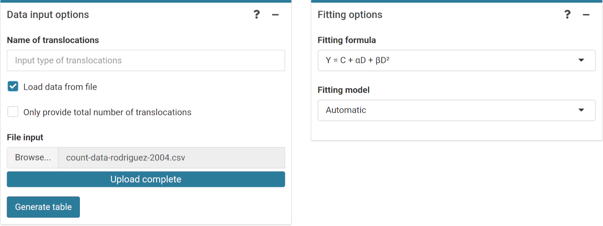 'Data input options' and 'Fitting options' boxes in the dose-effect fitting module.