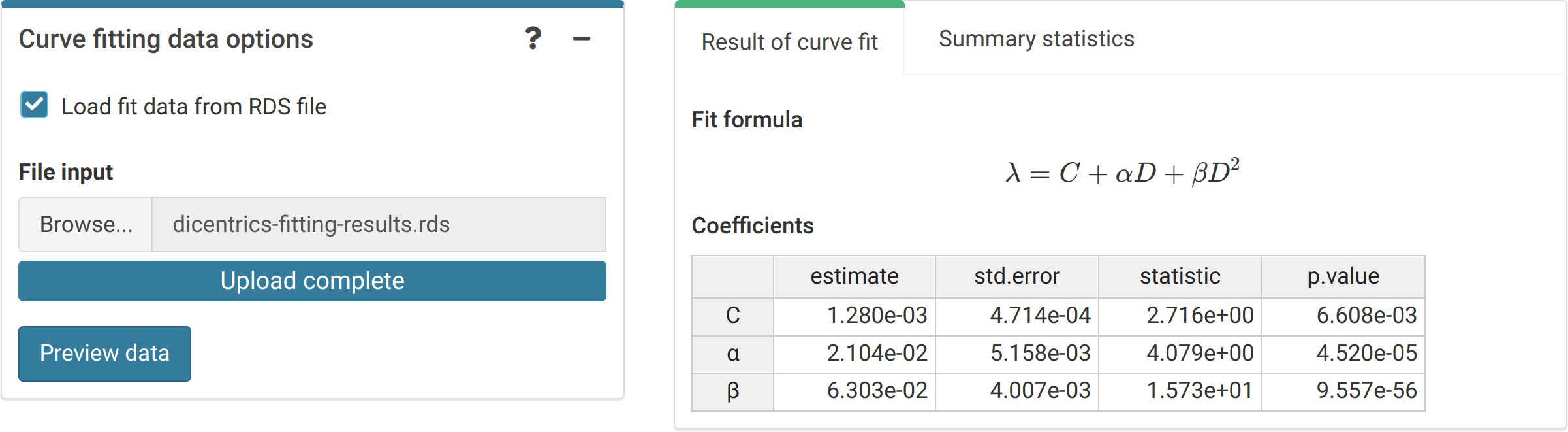 'Curve fitting data options' box and 'Results' tabbed box in the dose estimation module when loading curve from an \texttt{.rds} file.