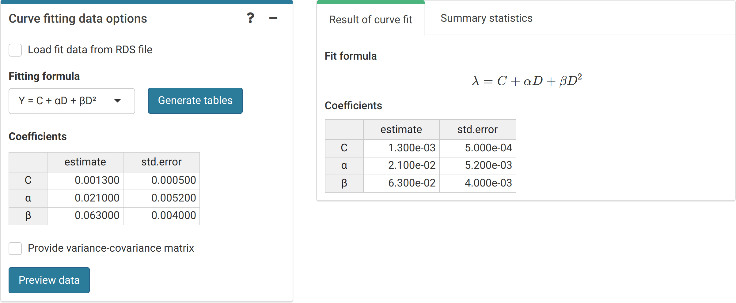 'Curve fitting data options' box and 'Results' tabbed box in the dose estimation module when inputting curve coefficients manually. Note that if no variance-covariance matrix is provided, only the variances calculated from the coefficients' standard errors will be used in \@ref(eq:merkle-dose-estimation-error), \@ref(eq:delta-method-dose-var), and \@ref(eq:dolphin-method-fraction-F-var).