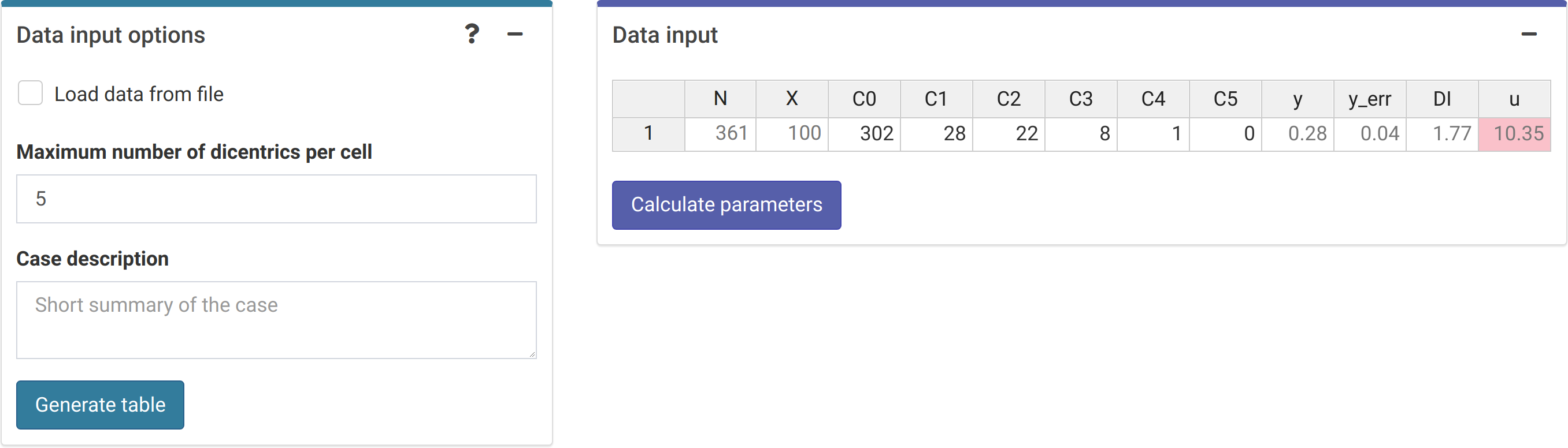 'Data input options' and 'Data input' boxes in the dose estimation module.