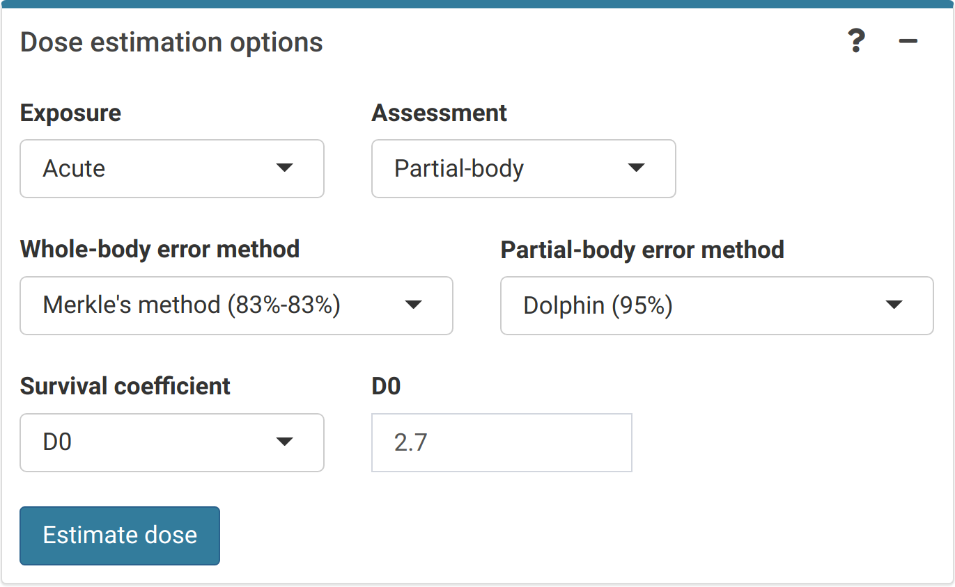 'Dose estimation options' box in the dose estimation module.
