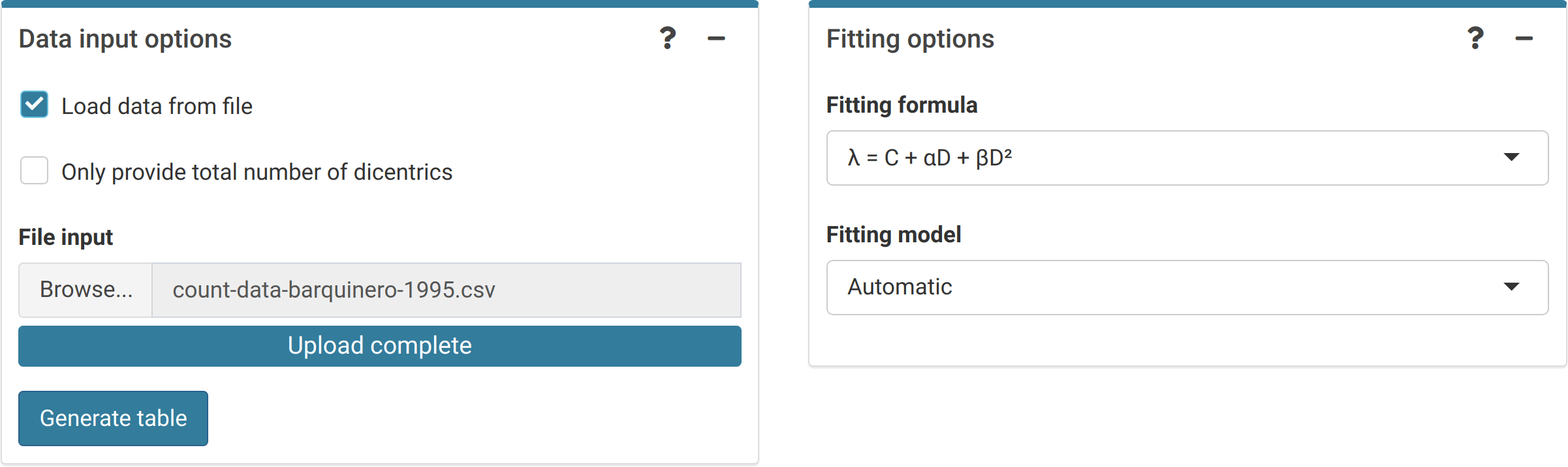 'Data input options' and 'Fitting options' boxes in the dose-effect fitting module. For dicentrics, the 'Automatic' fitting model will select a quasi-Poisson model if there is overdispersion on the fitting, otherwise it will select a Poisson model assuming equidispersion.