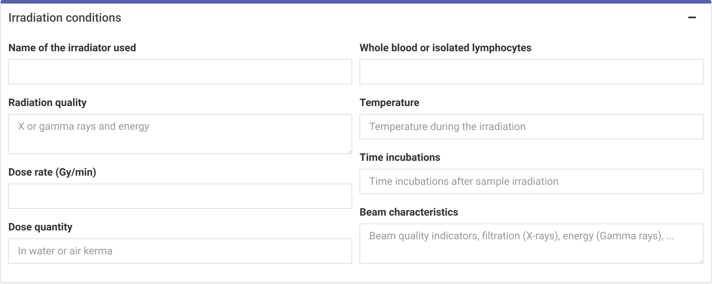 'Irradiation conditions' box in the dose-effect fitting module.