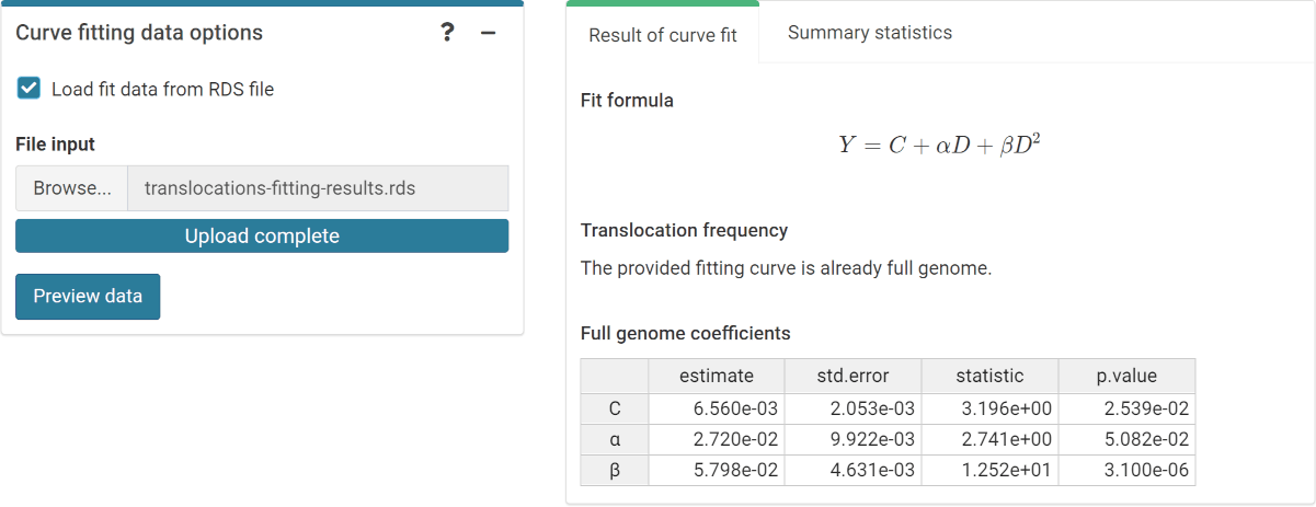 'Curve fitting data options' box and 'Results' tabbed box in the dose estimation module when loading curve from an `.rds` file.